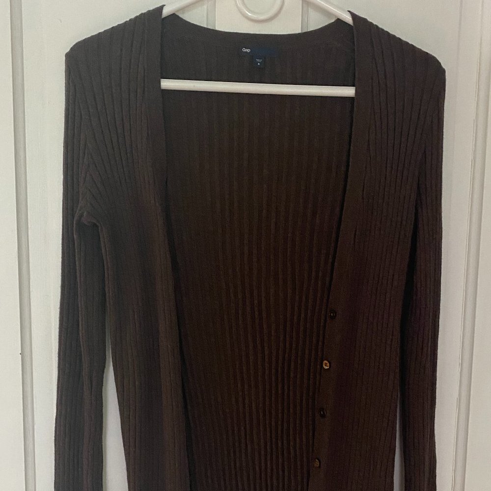 GAP Brown Ribbed Long Cardigan Sweater (Small)
